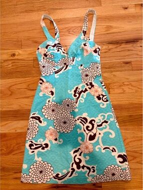Y2K Trina Turk Aqua Floral Jacquard Mini Dress Size 2 Cotton Resort 2000s